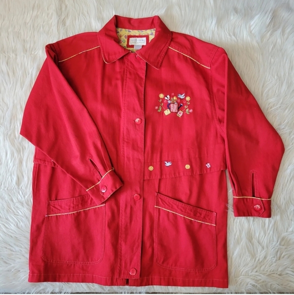 Casey Coleman Embroidered Collared Denim Jacket Red Size M / L Flowers Gardening - Picture 3 of 12